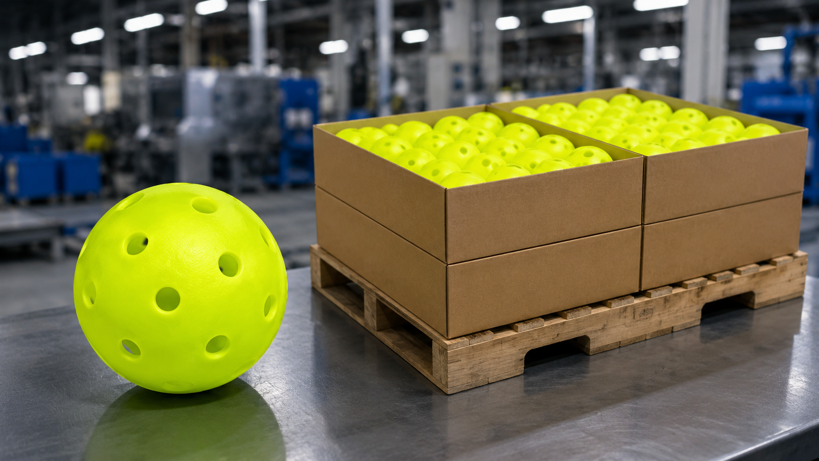 Volleon neon yellow pickleballs with bulk packaging boxes in a factory setting
